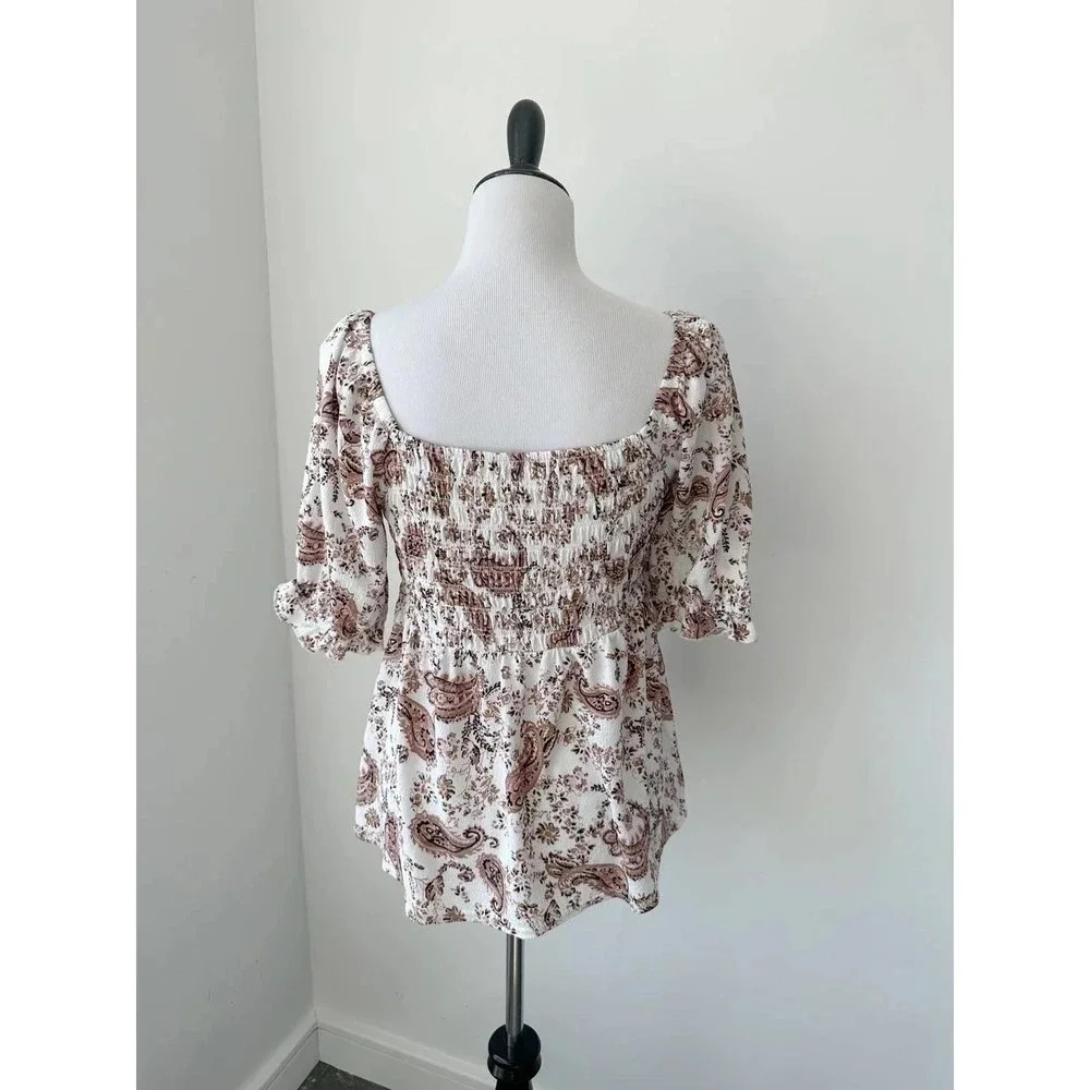 Nordtrom Meloday Paisley Print Puff Sleeve Top with Smocking - Picture 2 of 10